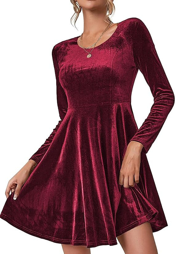 Women's Velvet A-Line Skater Dress Long Sleeve V-Neck