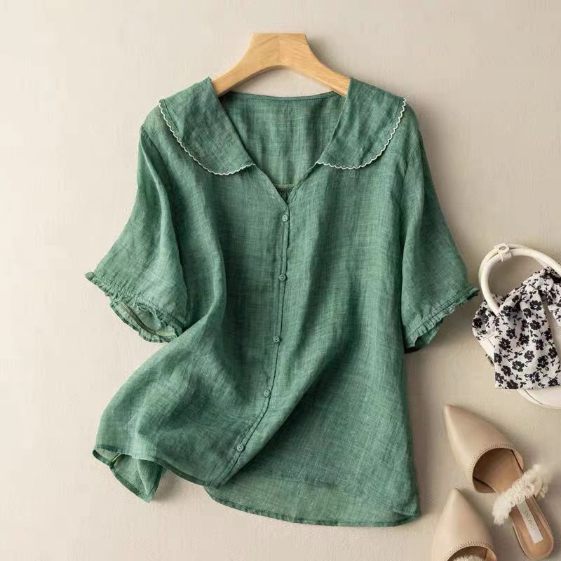 Women’s Vintage Inspired Blouse with Scalloped Collar and Button Down Front