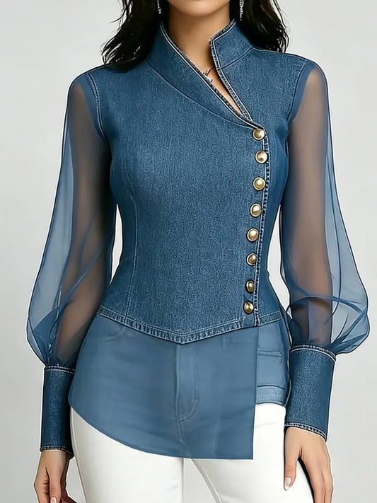 Women's Slim-Fit Organza Patchwork Shirt with Side Button Detail