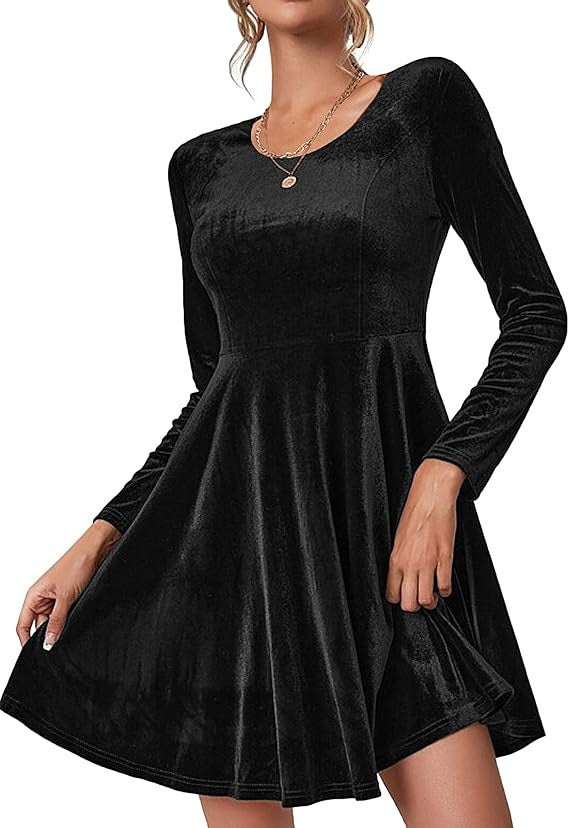 Women's Velvet A-Line Skater Dress Long Sleeve V-Neck