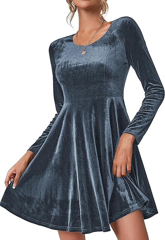 Women's Velvet A-Line Skater Dress Long Sleeve V-Neck