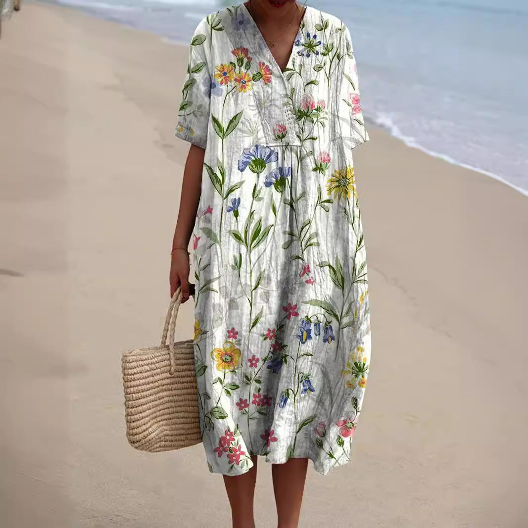 Women’s Midi Dress with V-Neckline and Vintage Floral Print
