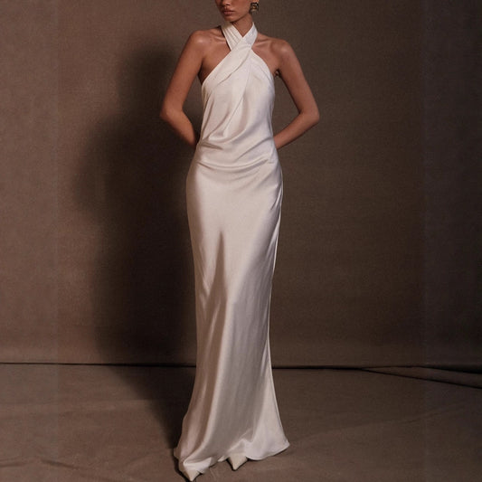Women’s Halter Gown with Criss-Cross Neckline and Bias Cut Satin Silhouette