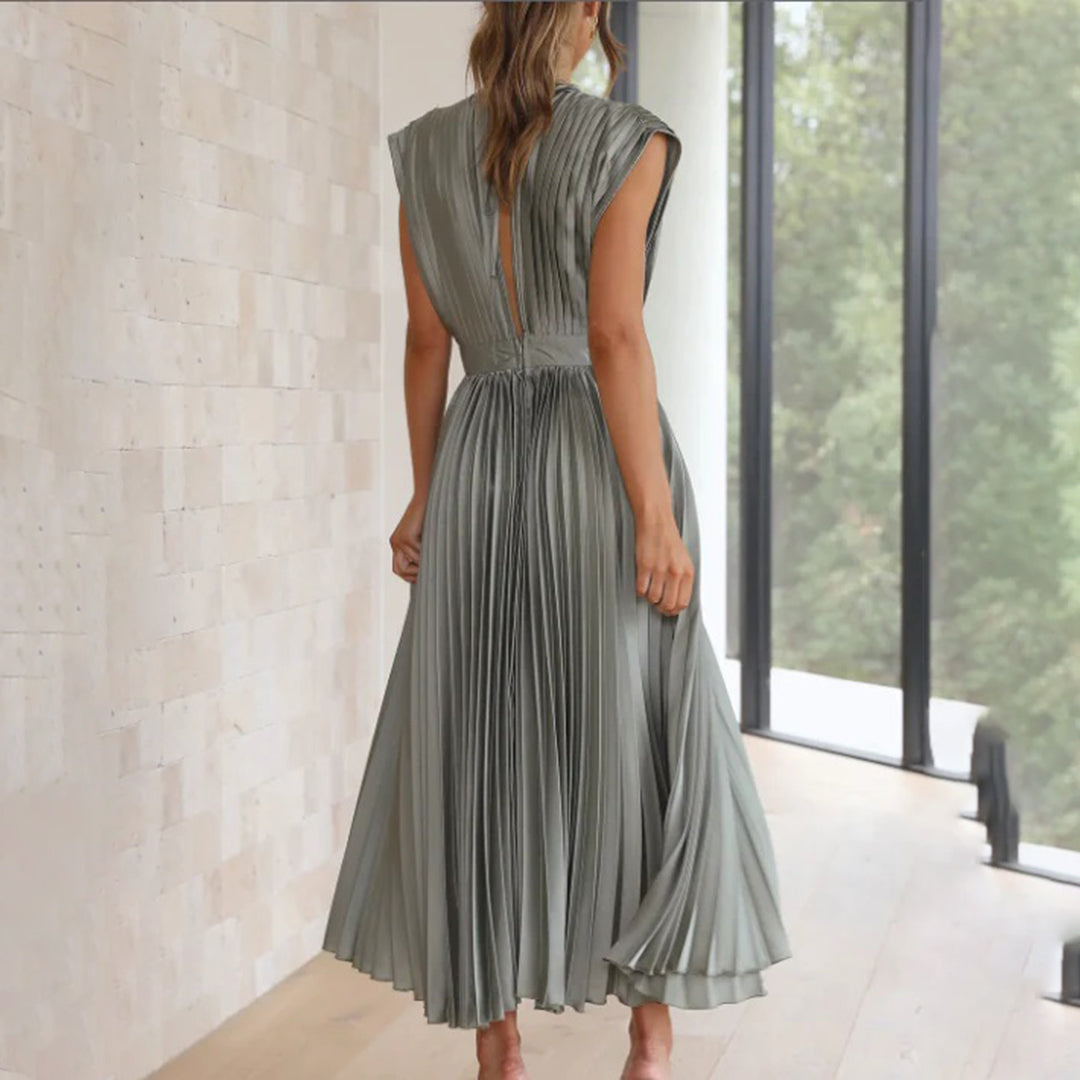 Women’s Pleated Midi Dress Deep V-Neck Cap Sleeve Wedding Guest Gown