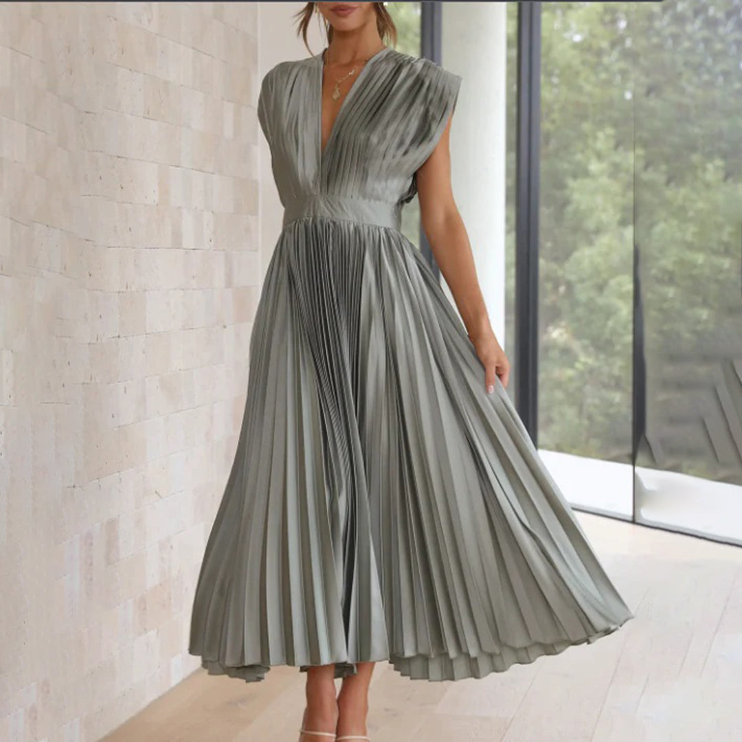 Women’s Pleated Midi Dress Deep V-Neck Cap Sleeve Wedding Guest Gown