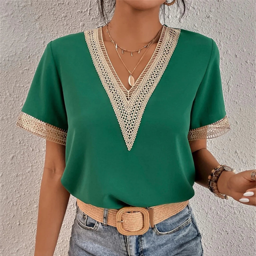 Women’s Short Sleeve Blouse with Lace Crochet V-Neck and Mesh Trim