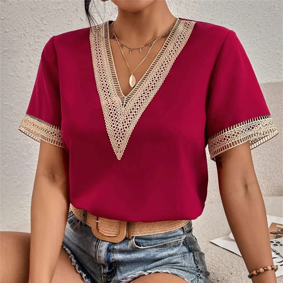 Women’s Short Sleeve Blouse with Lace Crochet V-Neck and Mesh Trim