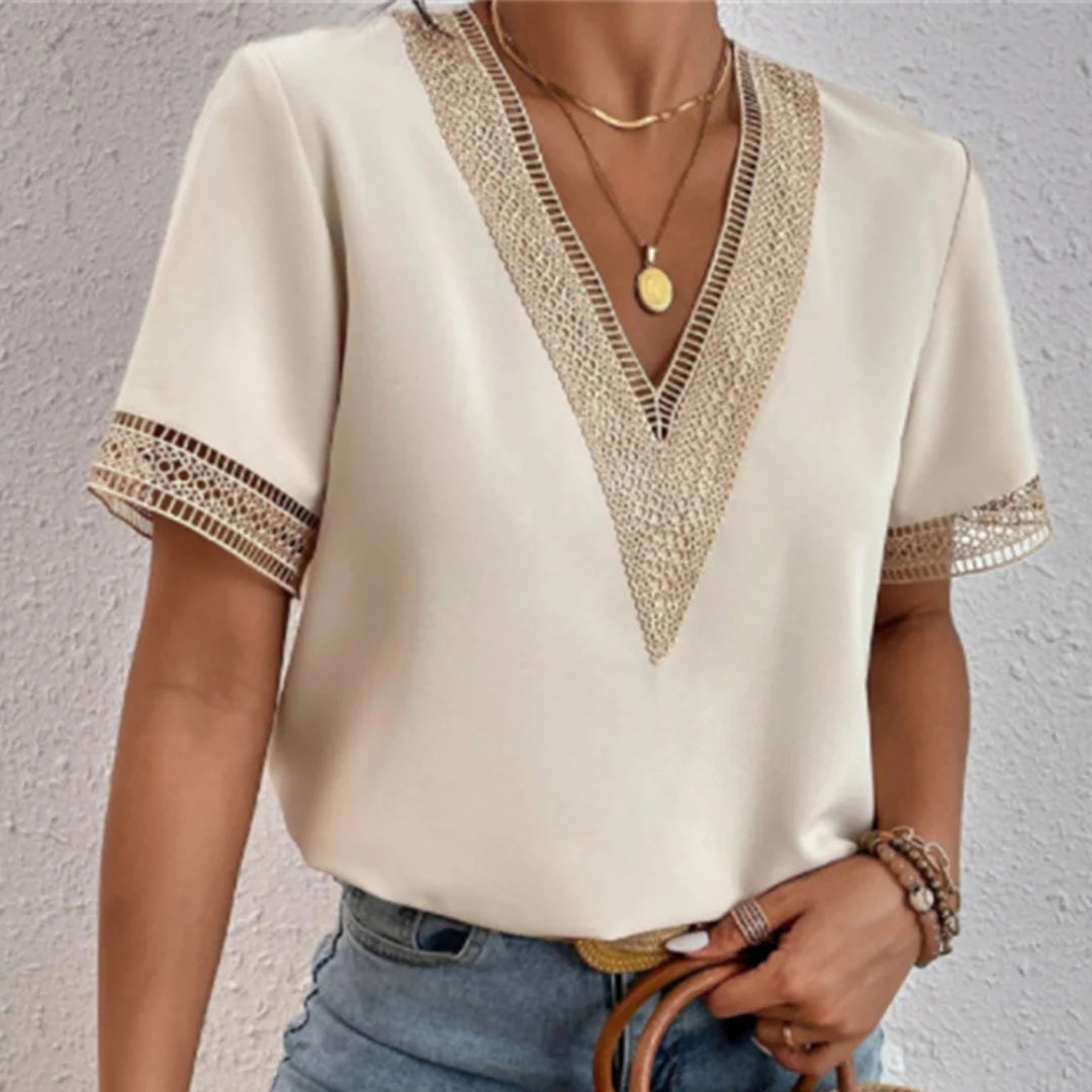 Women’s Short Sleeve Blouse with Lace Crochet V-Neck and Mesh Trim