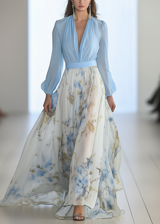 Women’s Maxi Dress with Deep V-Neck and Floral Chiffon Skirt