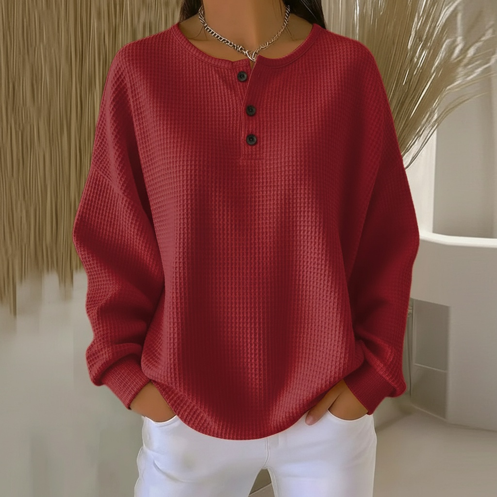 Women's Waffle Knit Henley Jumper with Button Detail