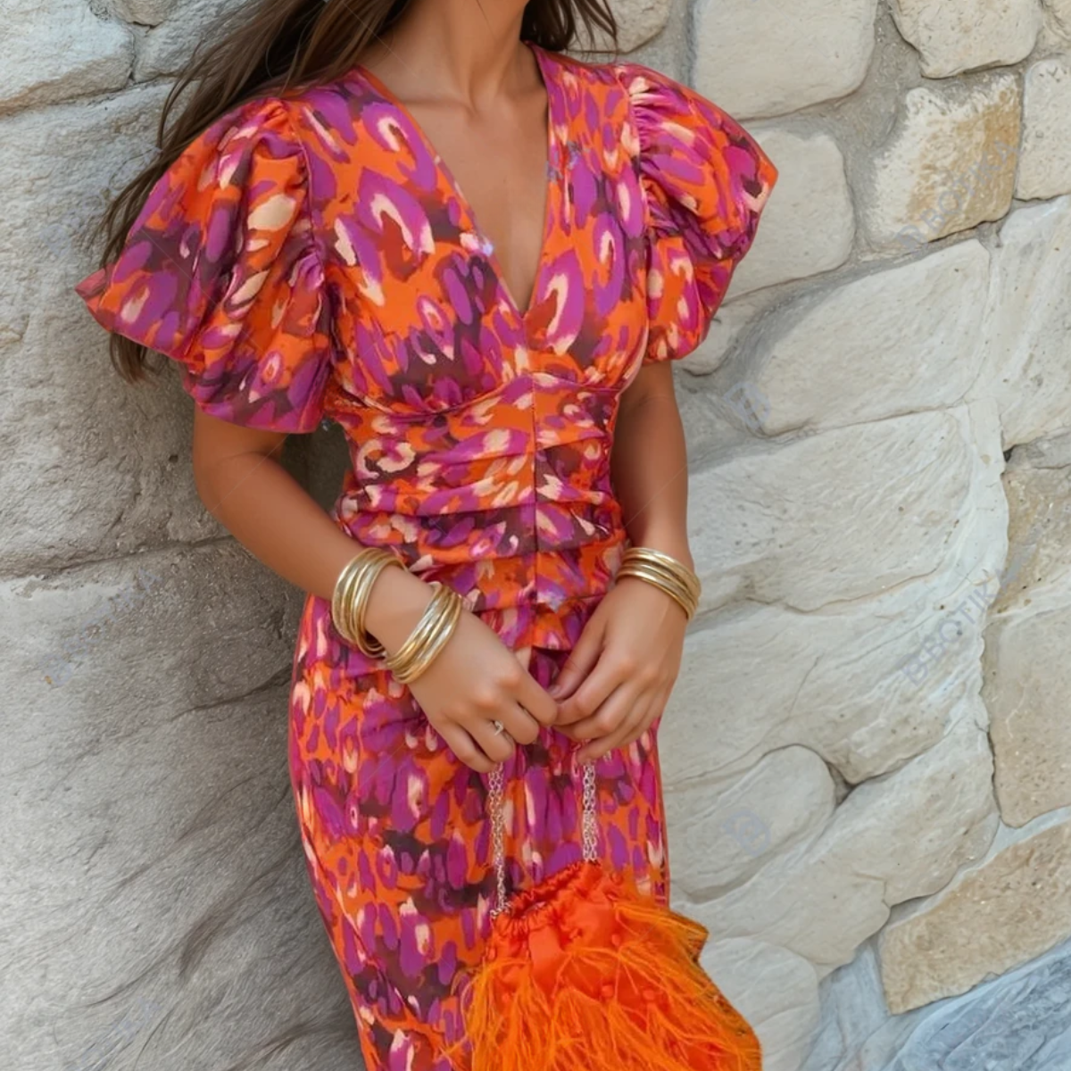 Women’s Midi Dress with Ruched Bodice and Voluminous Puff Sleeves