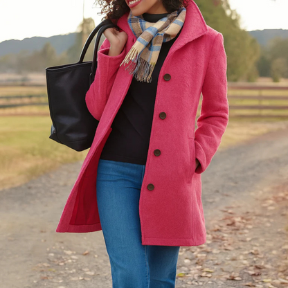 Women's Long Button-Front Winter Coat with Notch Collar