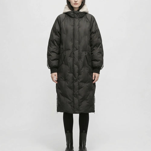 Women's Long Quilted Hooded Coat with Stripe Detail