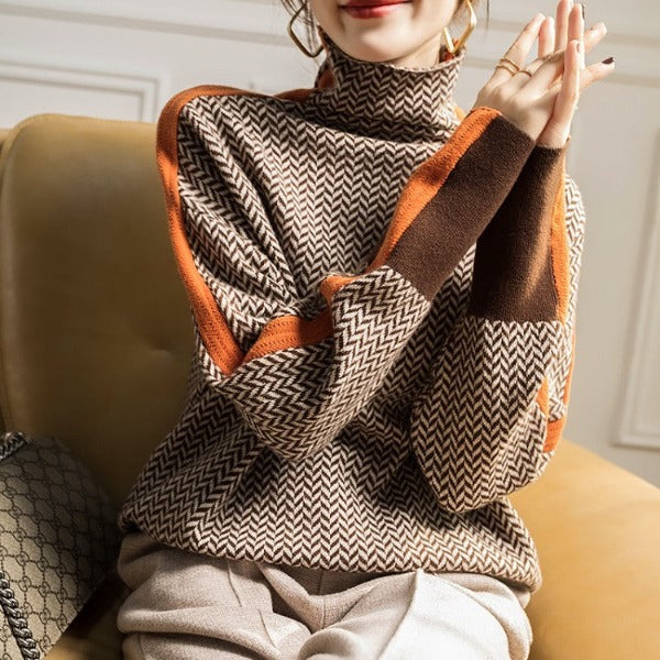 Women's Chevron Knit Pullover With Contrast Trim
