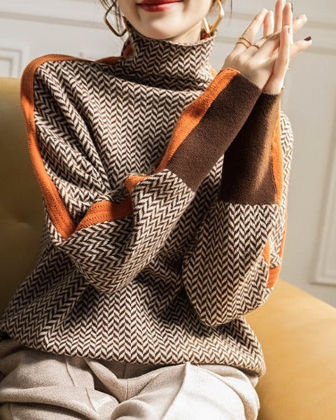 Ceylan Women’s Herringbone Turtleneck Sweater Contrast Stripe