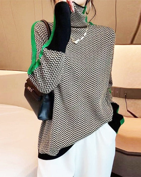 Ceylan Women’s Herringbone Turtleneck Sweater Contrast Stripe