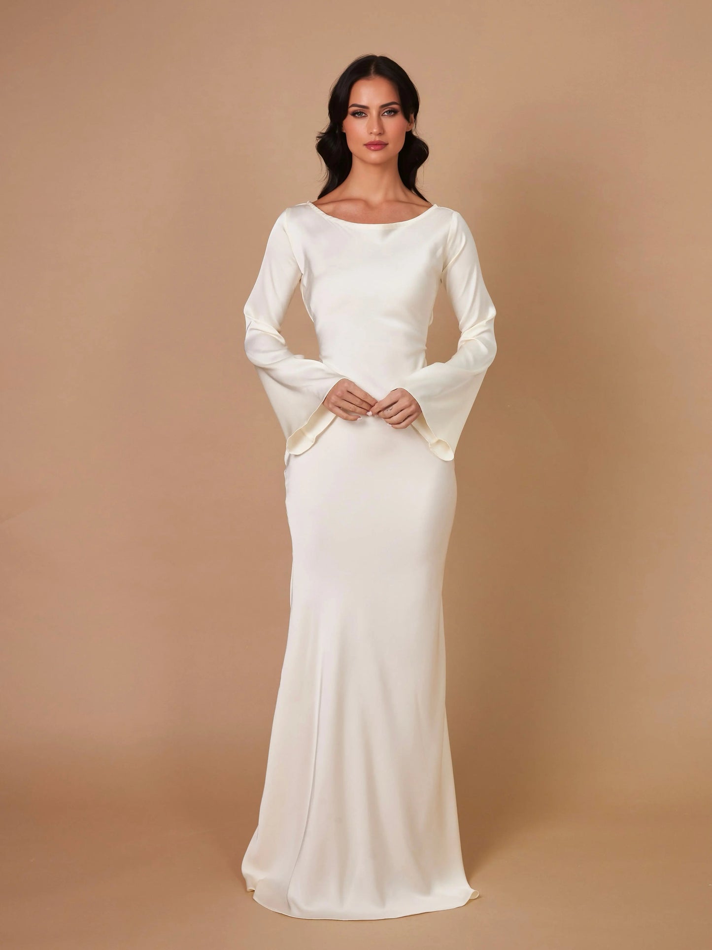 Women's Satin Maxi Dress with Long Bell Sleeves and Open Tie Back