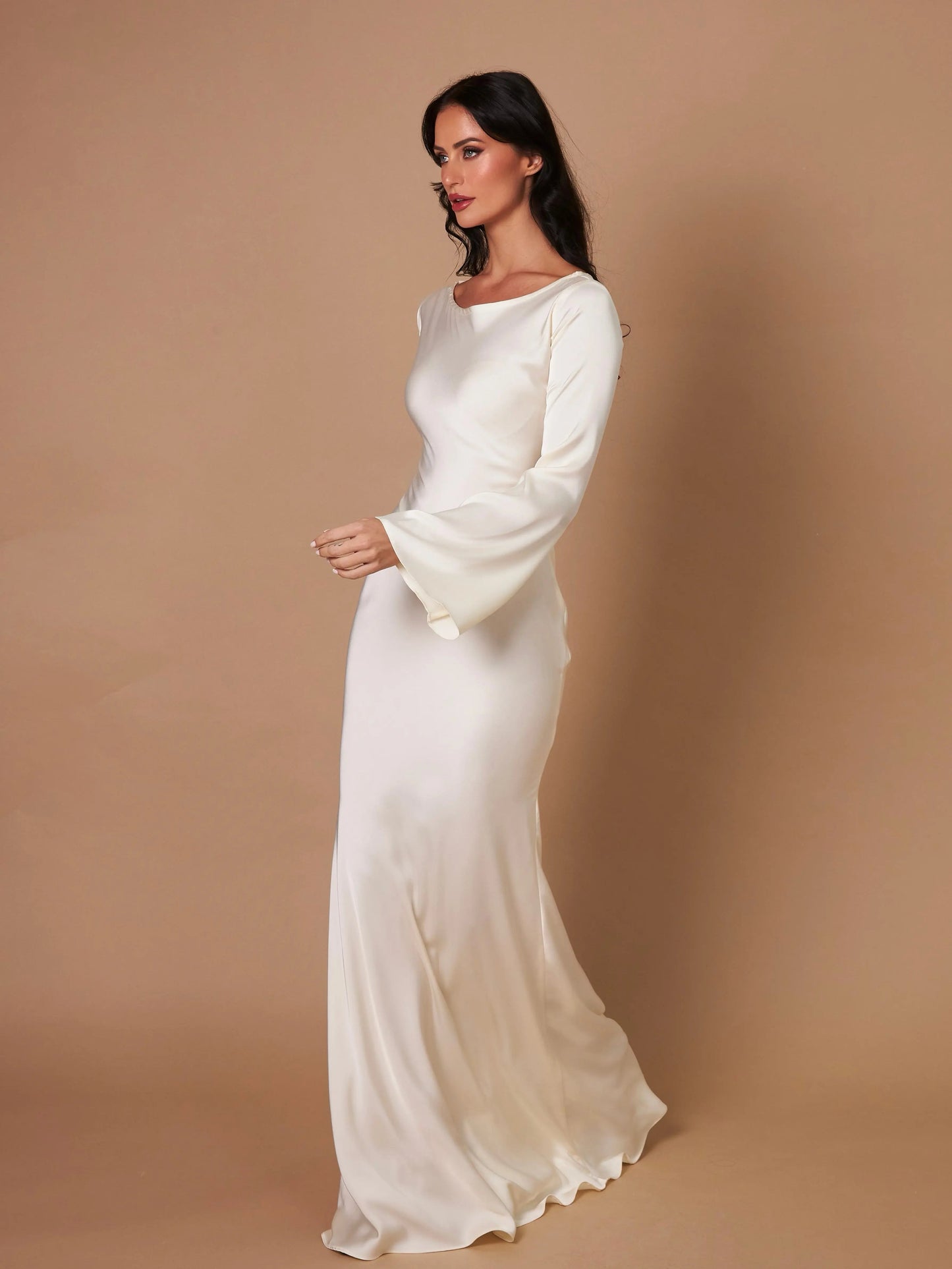 Women's Satin Maxi Dress with Long Bell Sleeves and Open Tie Back