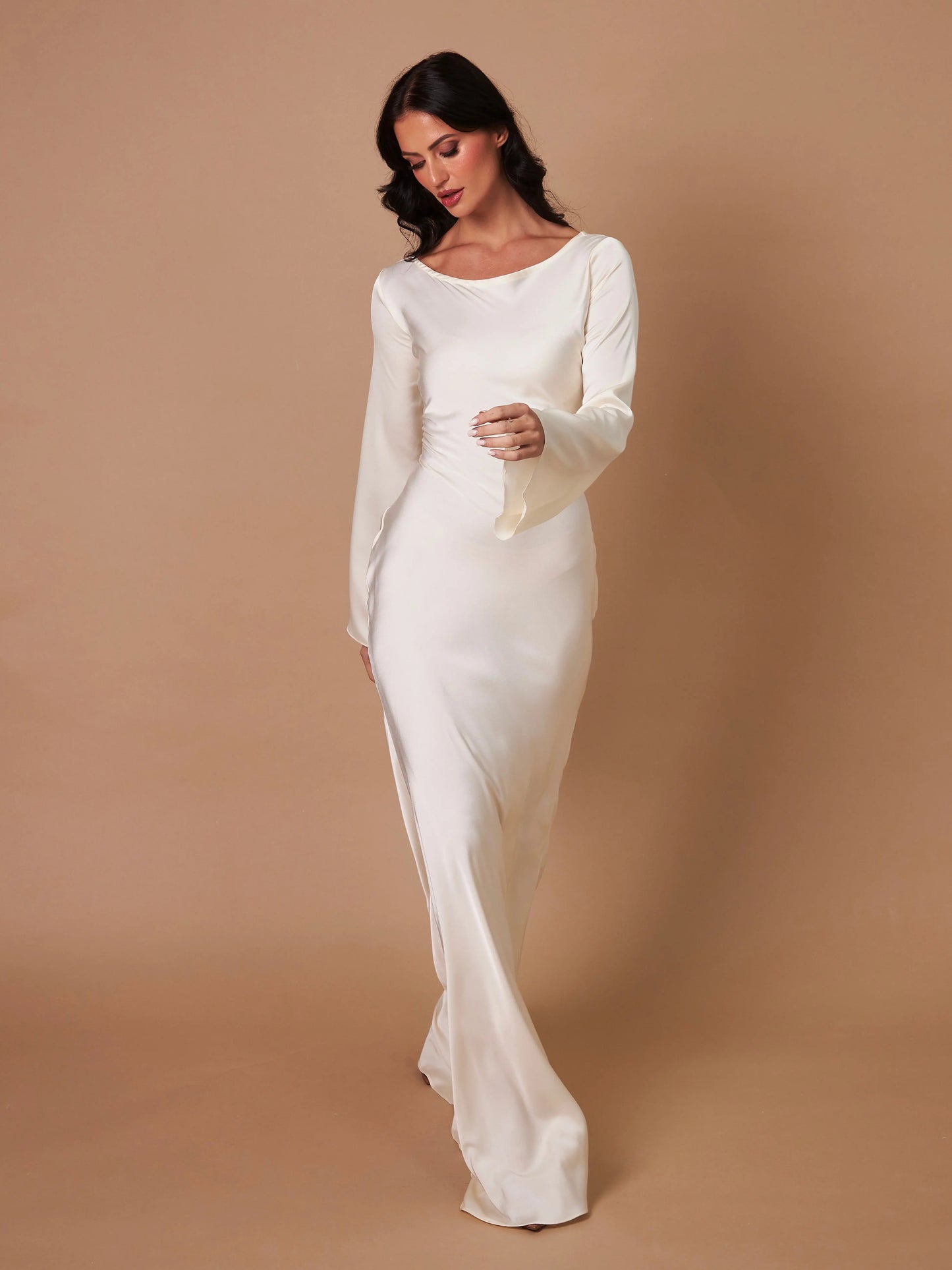 Women's Satin Maxi Dress with Long Bell Sleeves and Open Tie Back