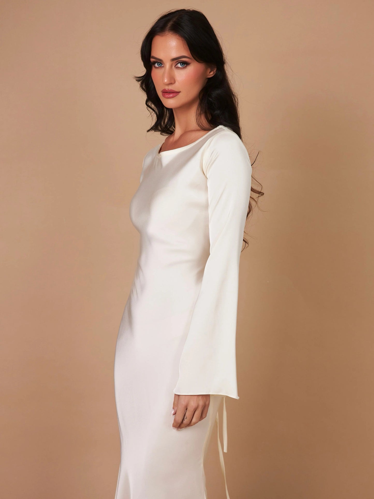 Women's Satin Maxi Dress with Long Bell Sleeves and Open Tie Back