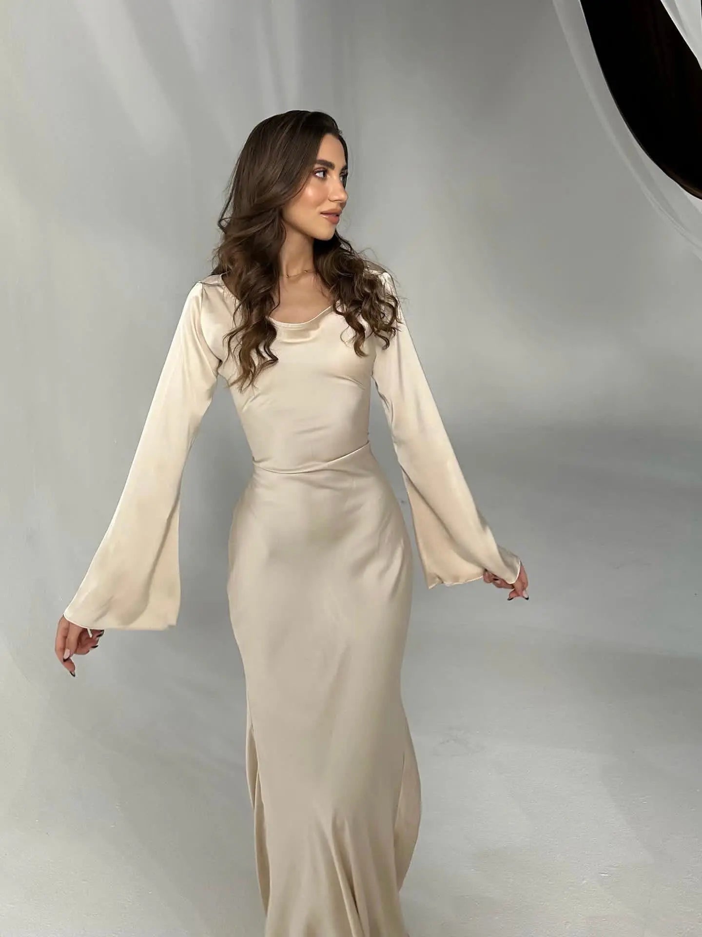 Women's Satin Maxi Dress with Long Bell Sleeves and Open Tie Back