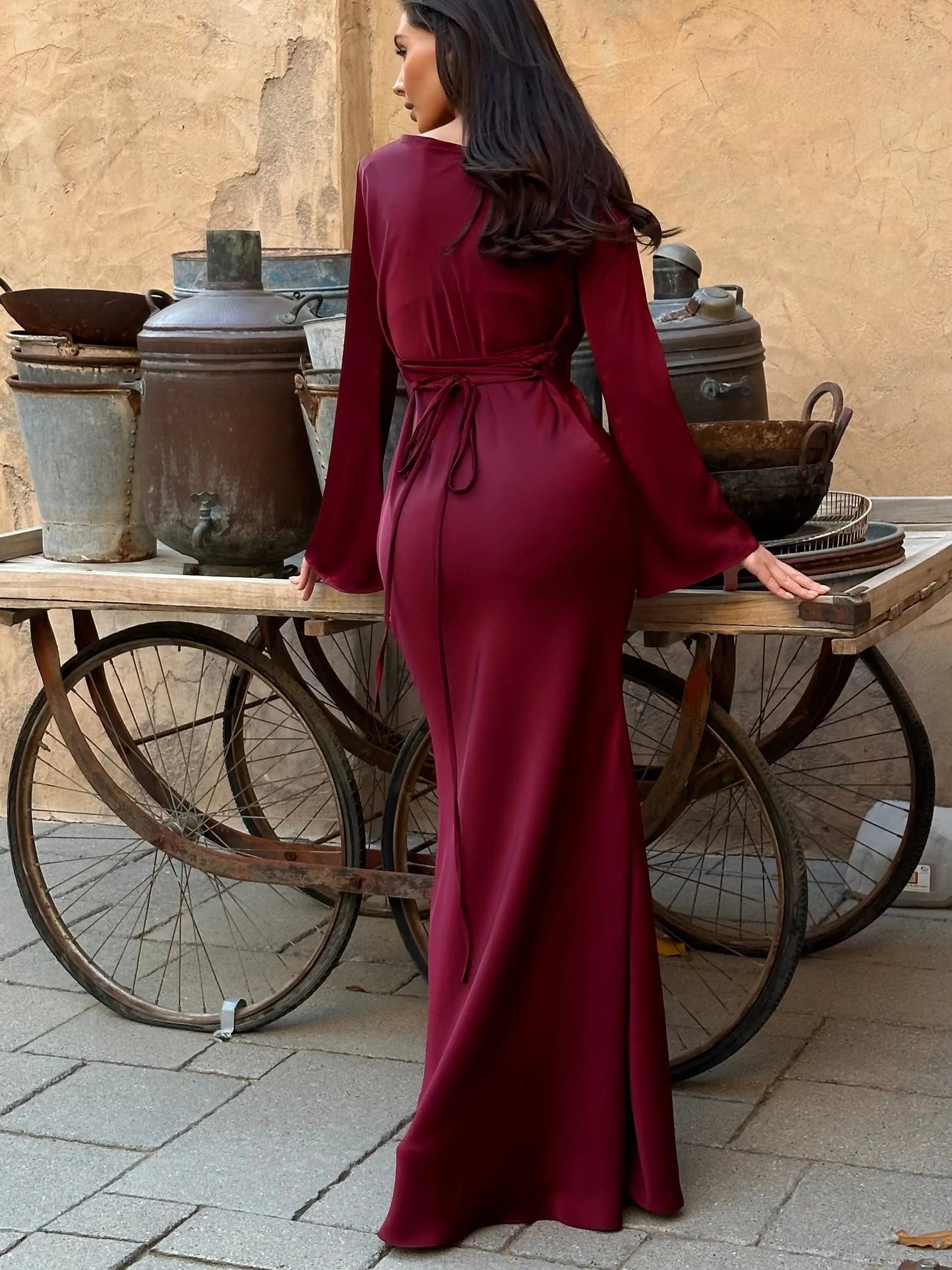 Women's Satin Maxi Dress with Long Bell Sleeves and Open Tie Back