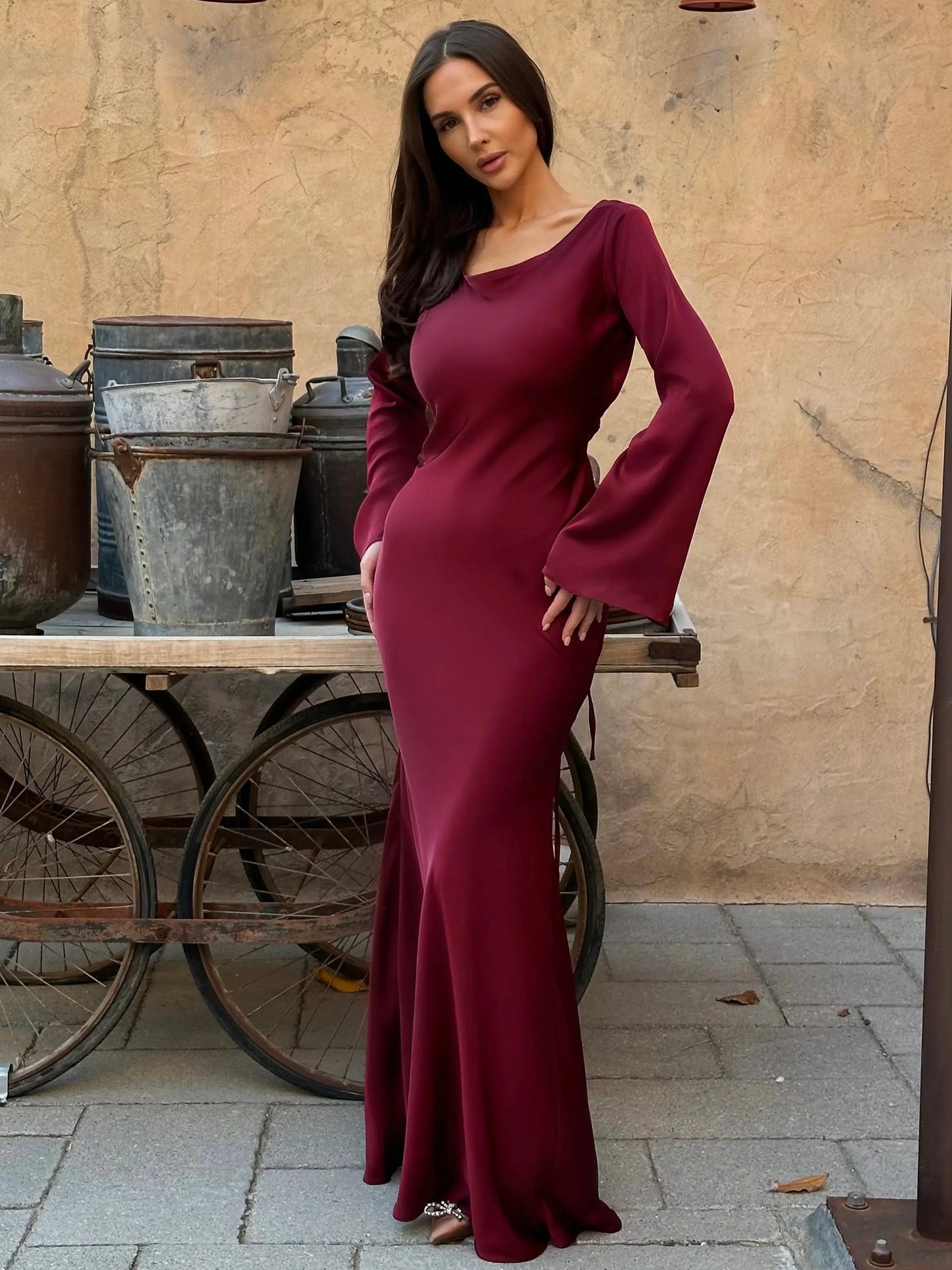 Women's Satin Maxi Dress with Long Bell Sleeves and Open Tie Back
