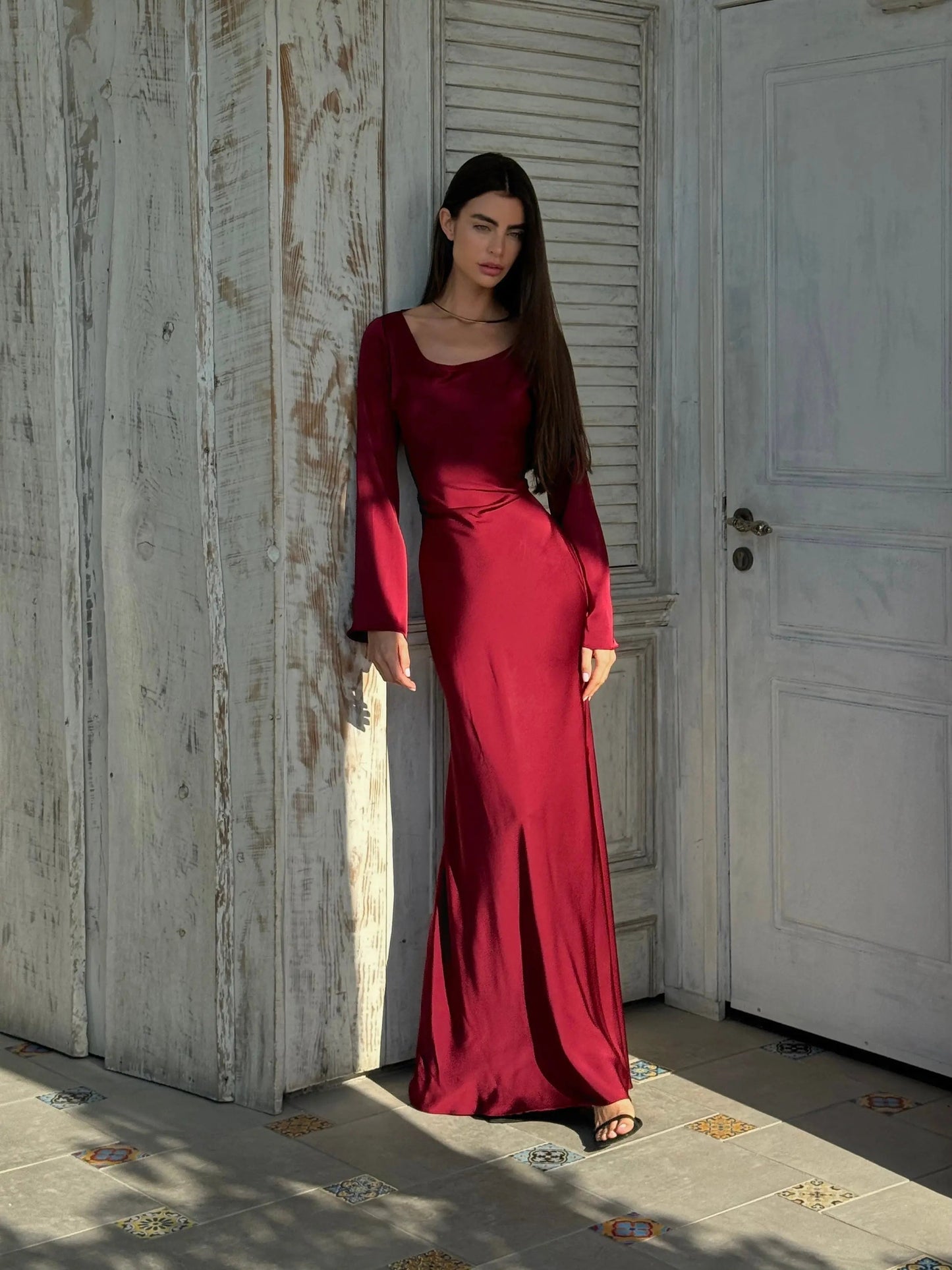 Women's Satin Maxi Dress with Long Bell Sleeves and Open Tie Back