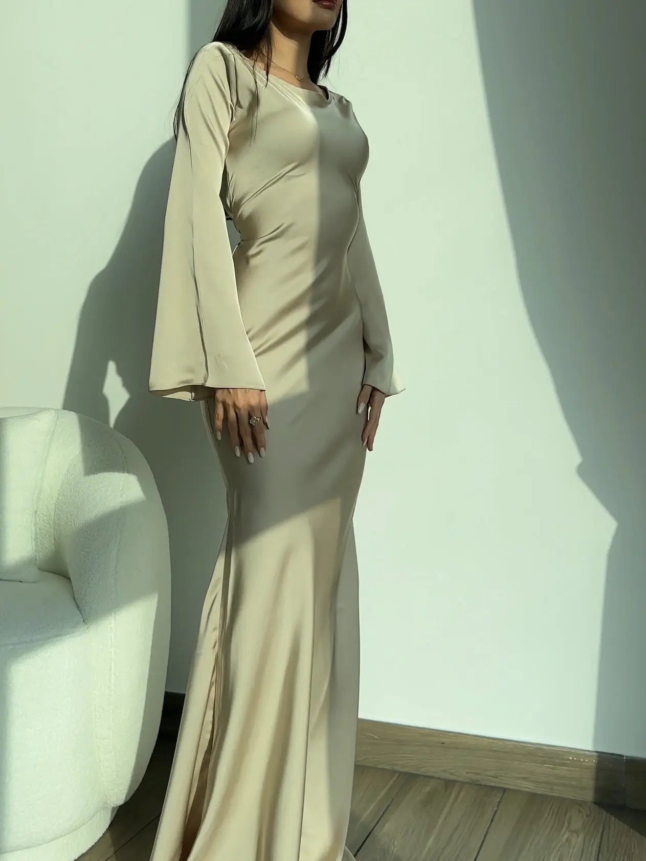 Women's Satin Maxi Dress with Long Bell Sleeves and Open Tie Back