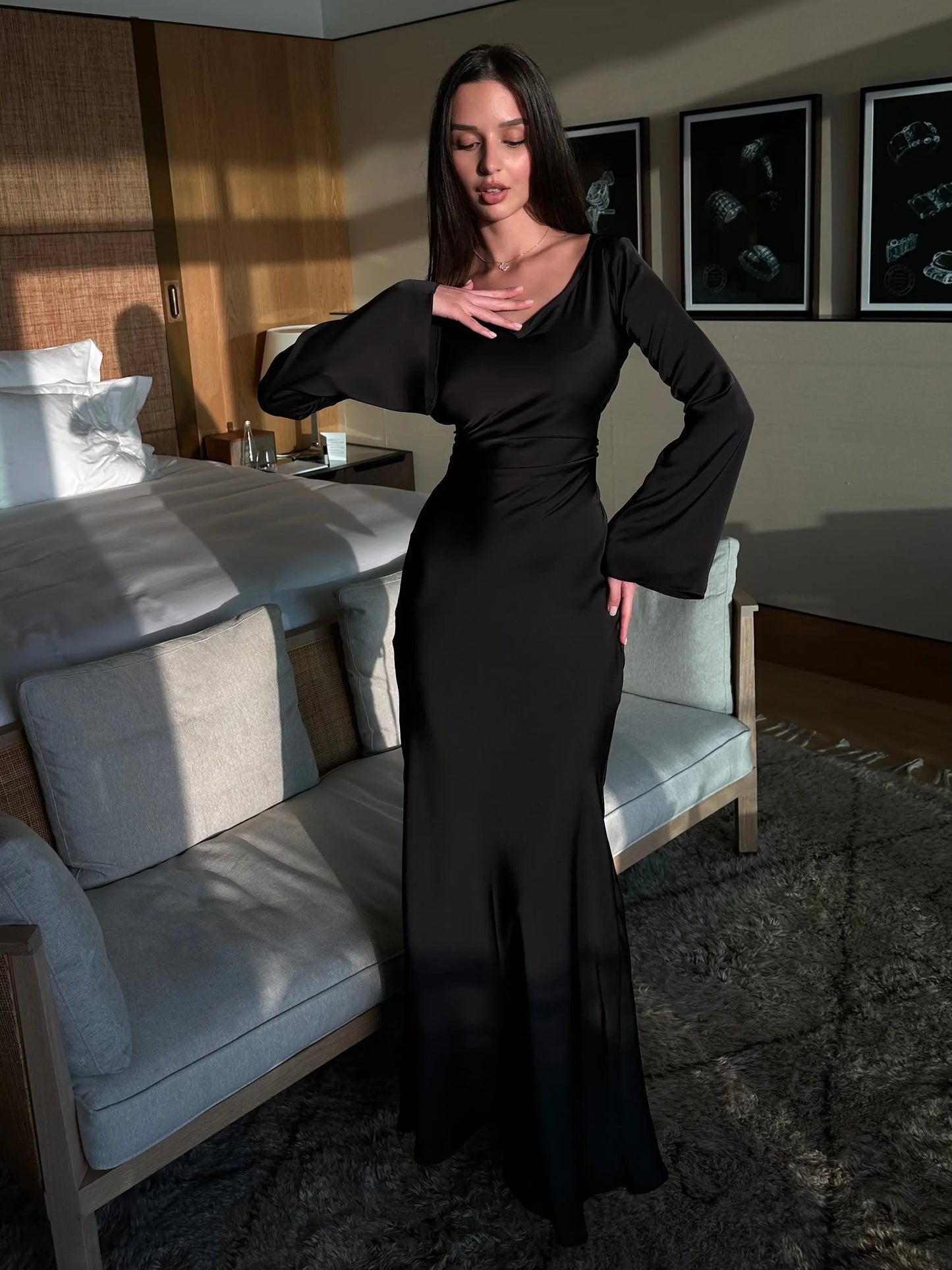 Women's Satin Maxi Dress with Long Bell Sleeves and Open Tie Back