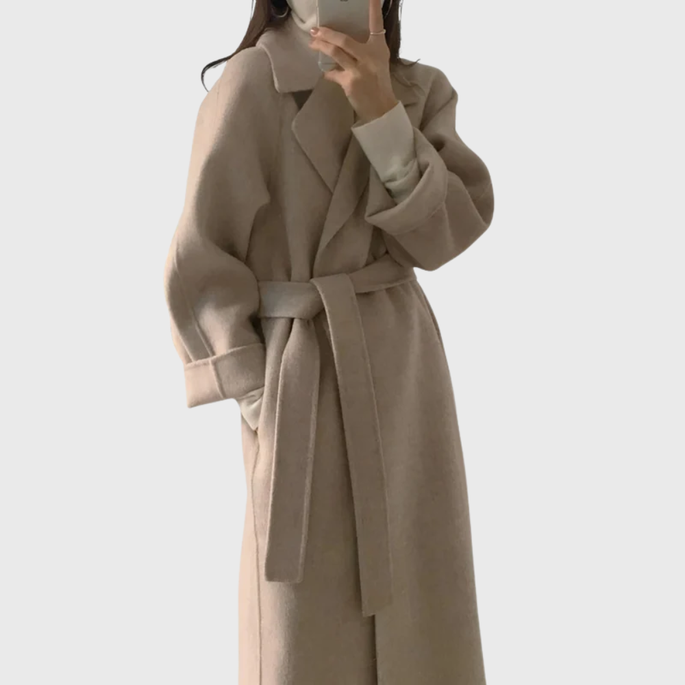 Women's Belted Wool Wrap Coat with Notched Collar