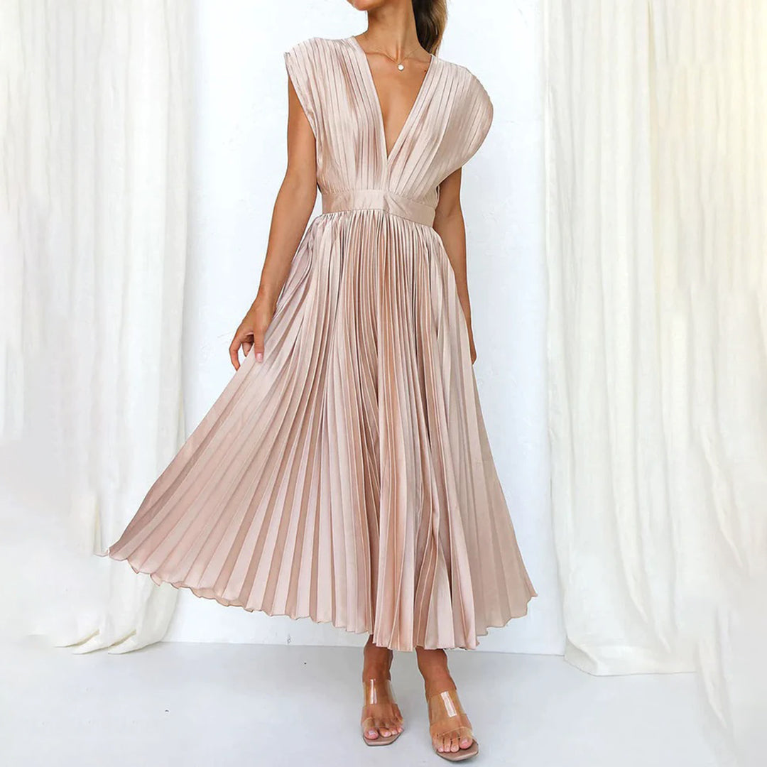 Women’s Pleated Midi Dress Deep V-Neck Cap Sleeve Wedding Guest Gown