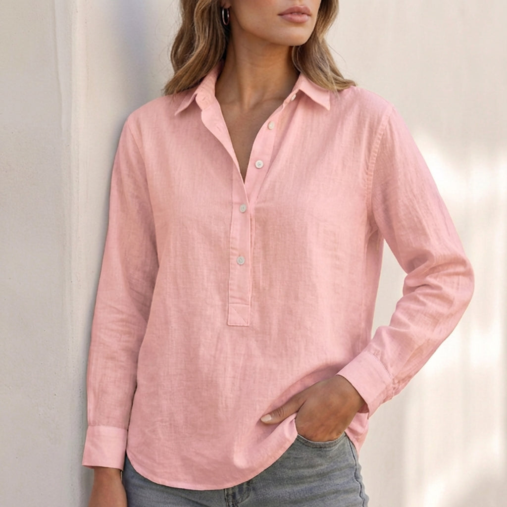 Women’s Popover Blouse with Point Collar and Partial Button Placket