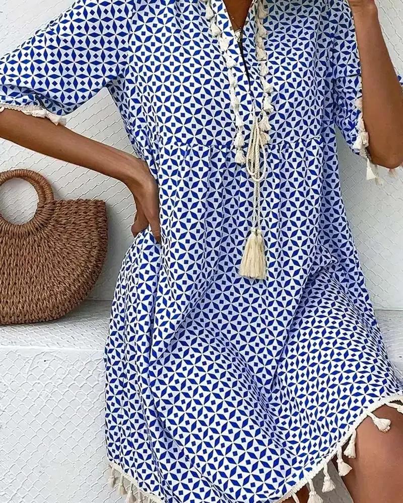 Women’s Boho Mini Tunic Dress with Tassel Fringe Hem and Geometric Diamond Print
