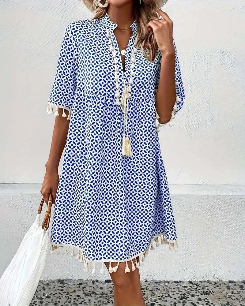 Women’s Boho Mini Tunic Dress with Tassel Fringe Hem and Geometric Diamond Print