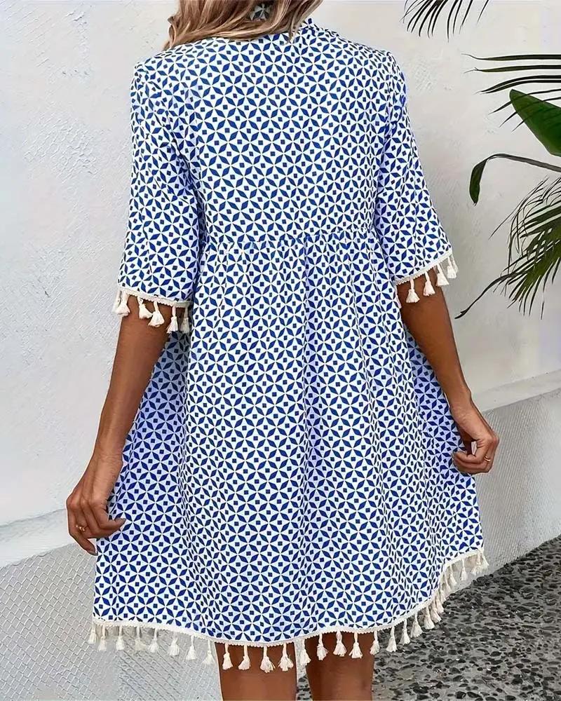 Women’s Boho Mini Tunic Dress with Tassel Fringe Hem and Geometric Diamond Print