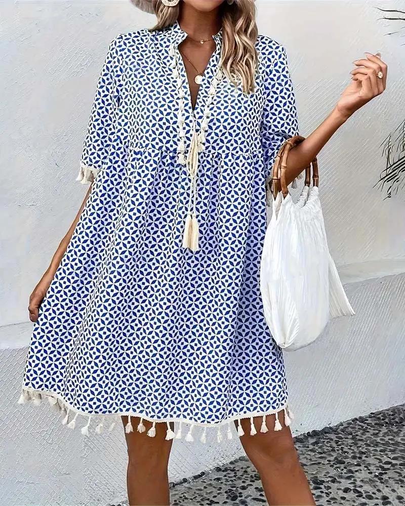 Women’s Boho Mini Tunic Dress with Tassel Fringe Hem and Geometric Diamond Print