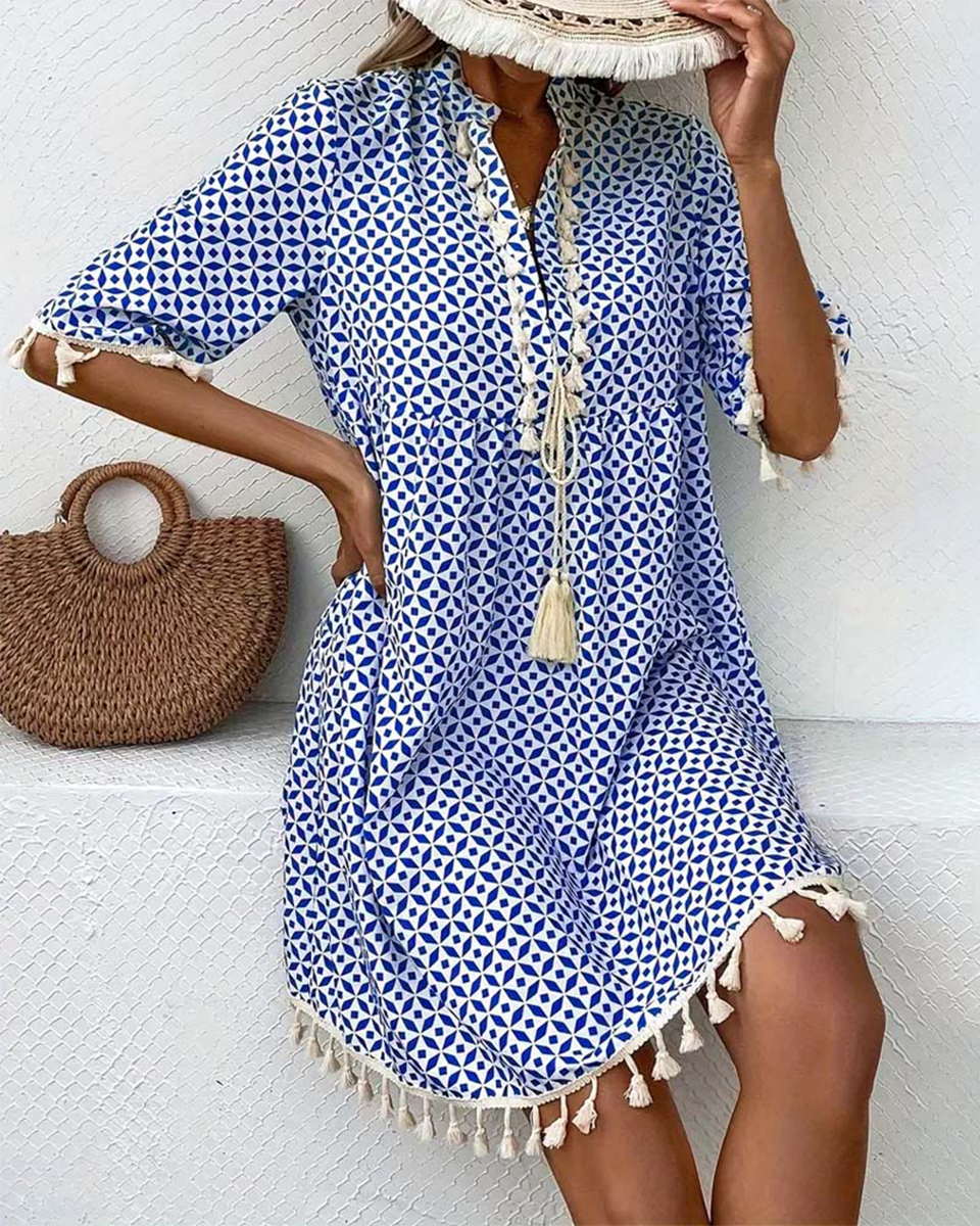 Women’s Boho Mini Tunic Dress with Tassel Fringe Hem and Geometric Diamond Print