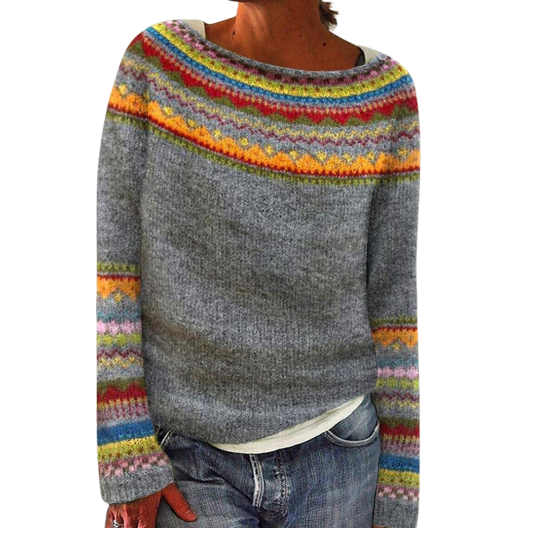 Women¡¯s Fair Isle Sweater Relaxed Fit Crew Neck Knit Pullover with Aztec Borders