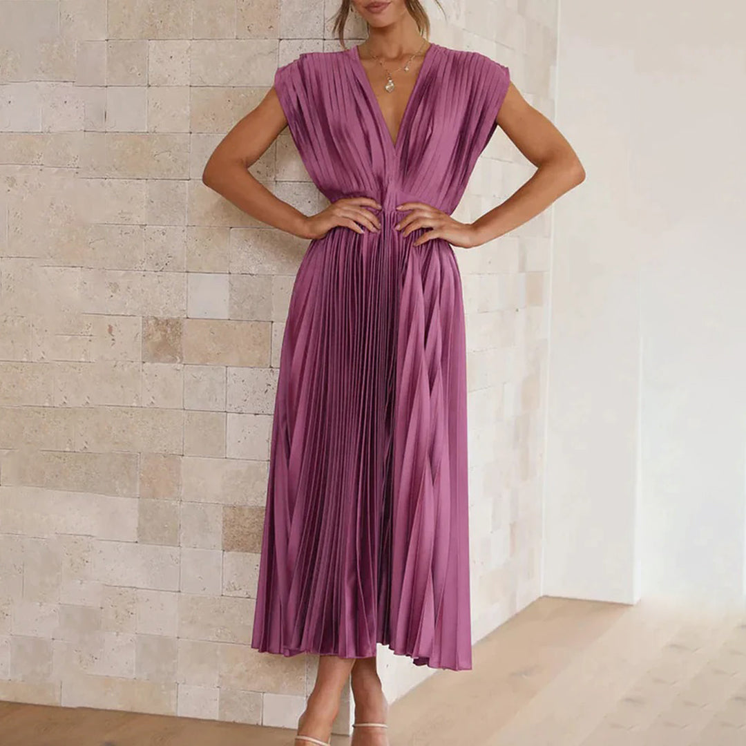 Women’s Pleated Midi Dress Deep V-Neck Cap Sleeve Wedding Guest Gown