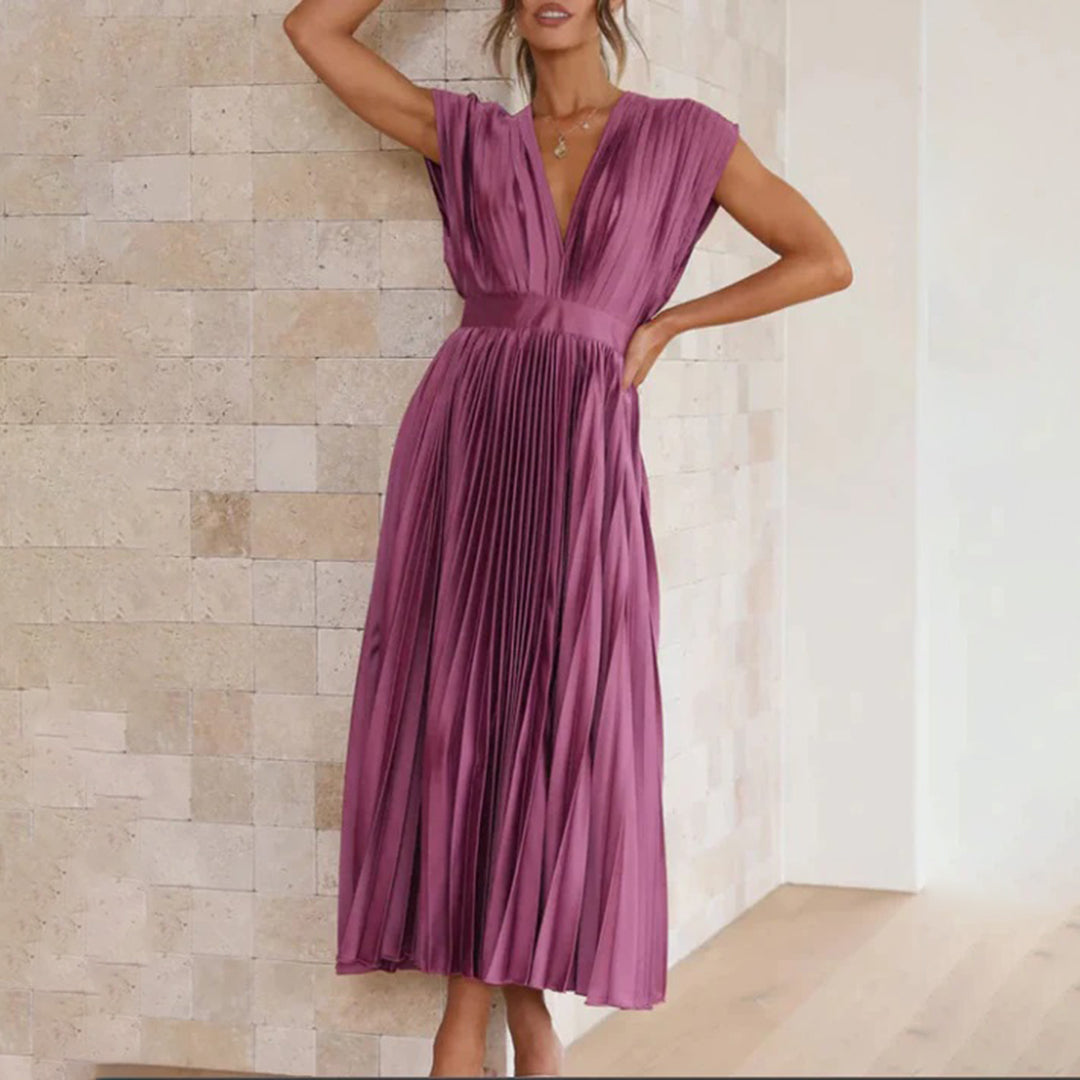 Women’s Pleated Midi Dress Deep V-Neck Cap Sleeve Wedding Guest Gown