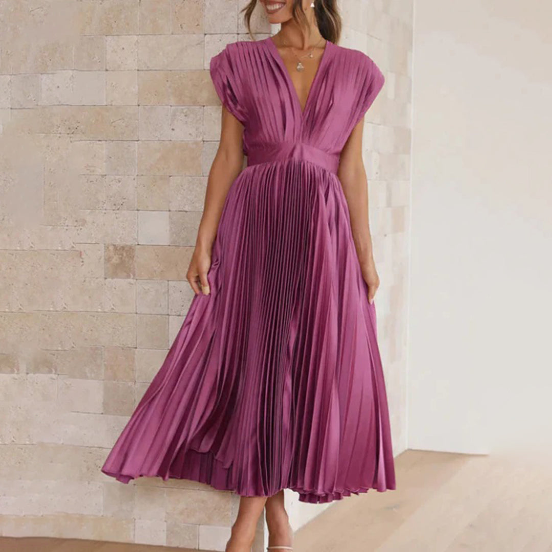 Women’s Pleated Midi Dress Deep V-Neck Cap Sleeve Wedding Guest Gown