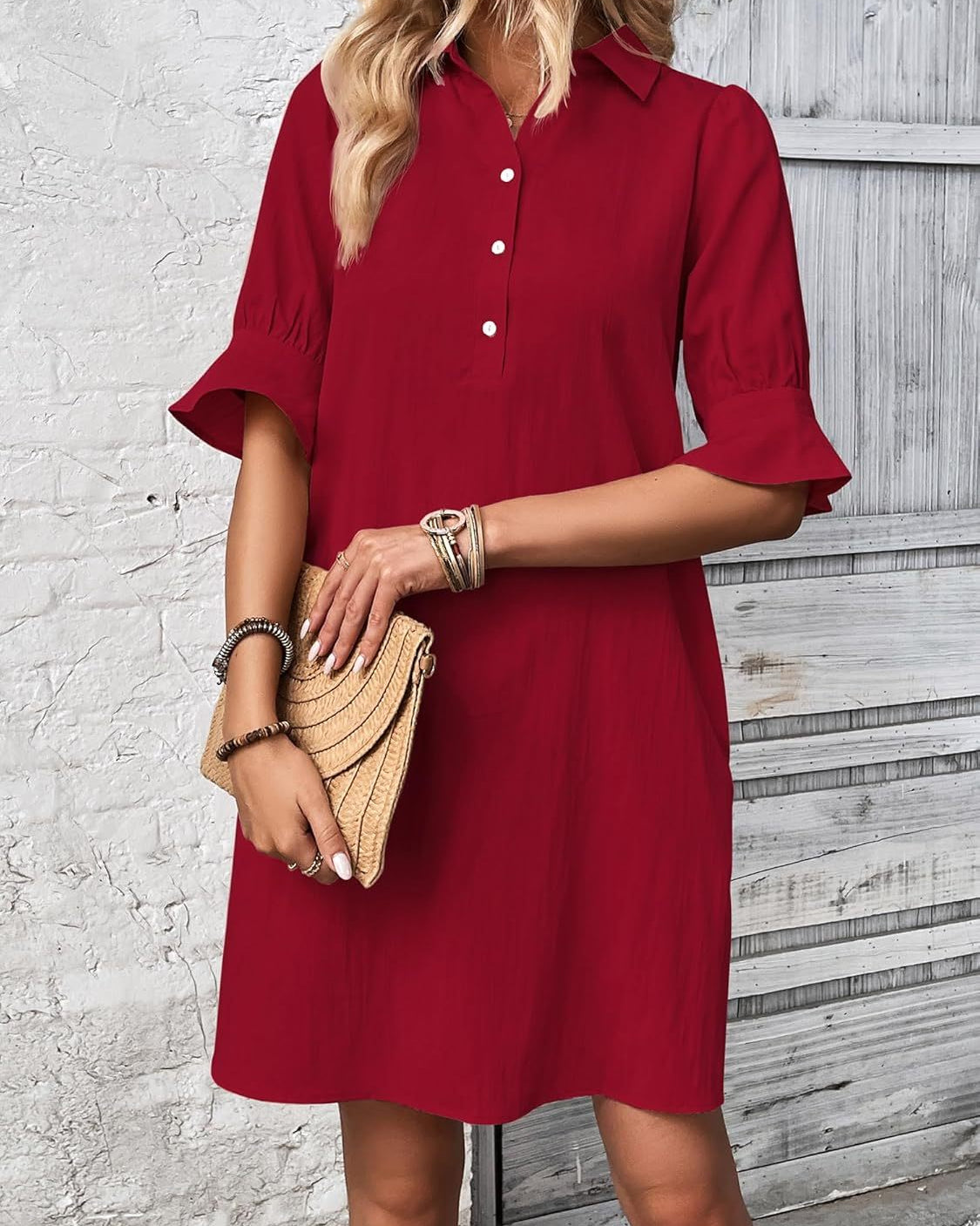 Women’s Shirt Dress 3/4 Sleeve Knee Length Button Down Shift with Pockets