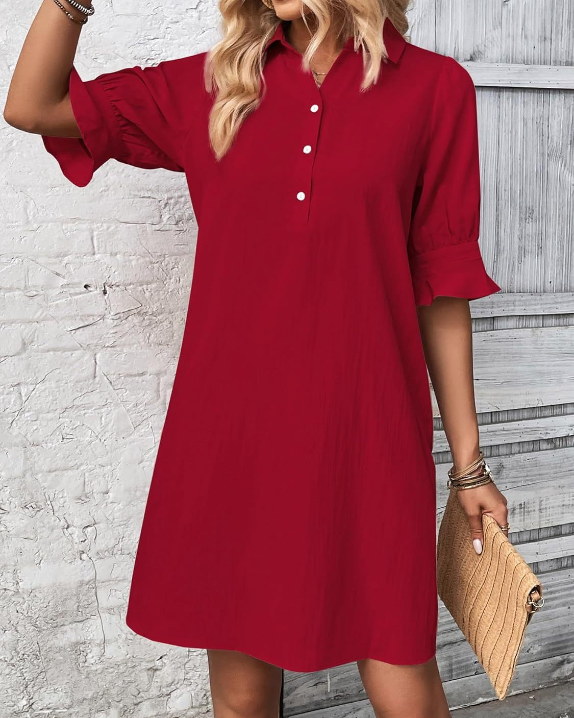 Women’s Shirt Dress 3/4 Sleeve Knee Length Button Down Shift with Pockets