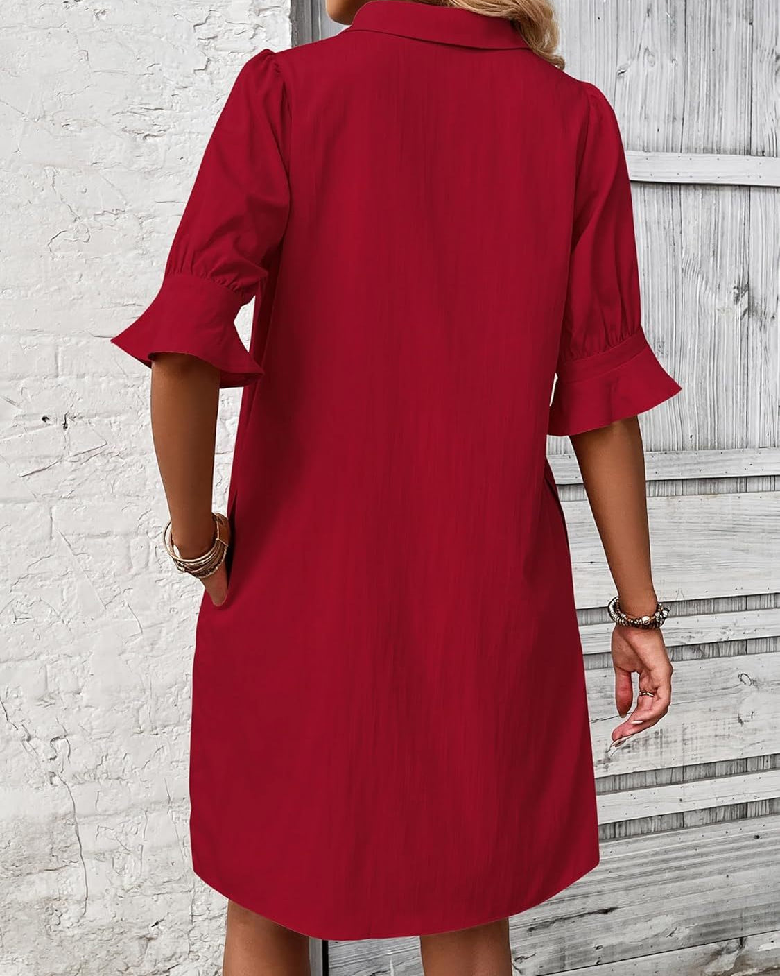 Women’s Shirt Dress 3/4 Sleeve Knee Length Button Down Shift with Pockets