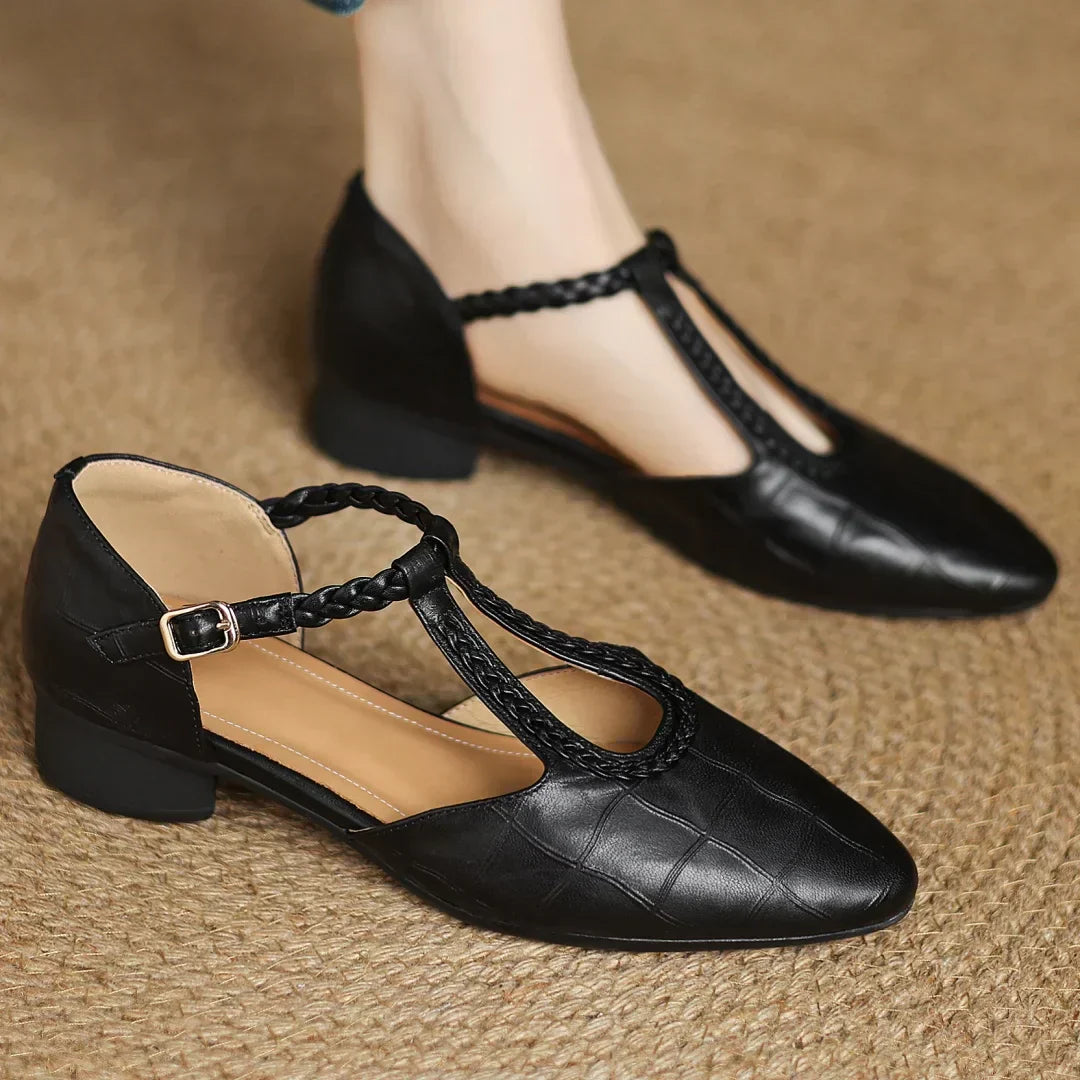 Women’s Mary Jane Flats with Pointed Toe and Braided T-Strap