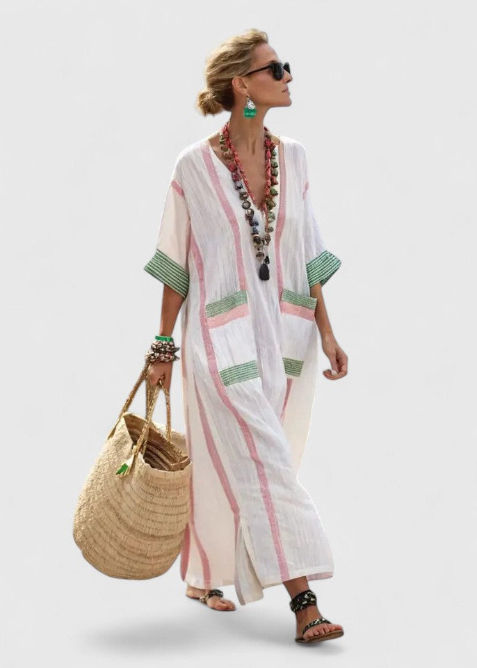 Women’s Kaftan Maxi Dress with V-Neckline and Artisanal Stripe Detail