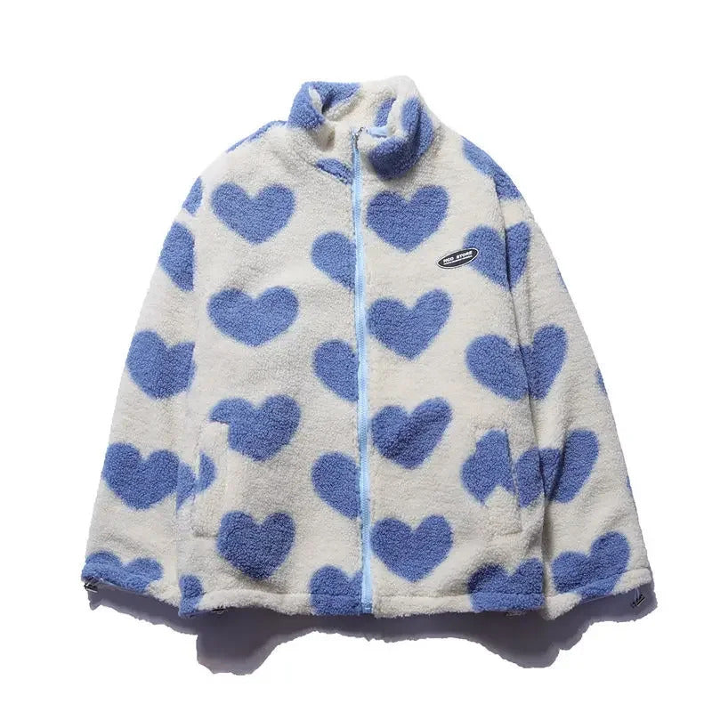 Women's Oversized Heart Print Zip-Up Puffer Jacket With High Collar
