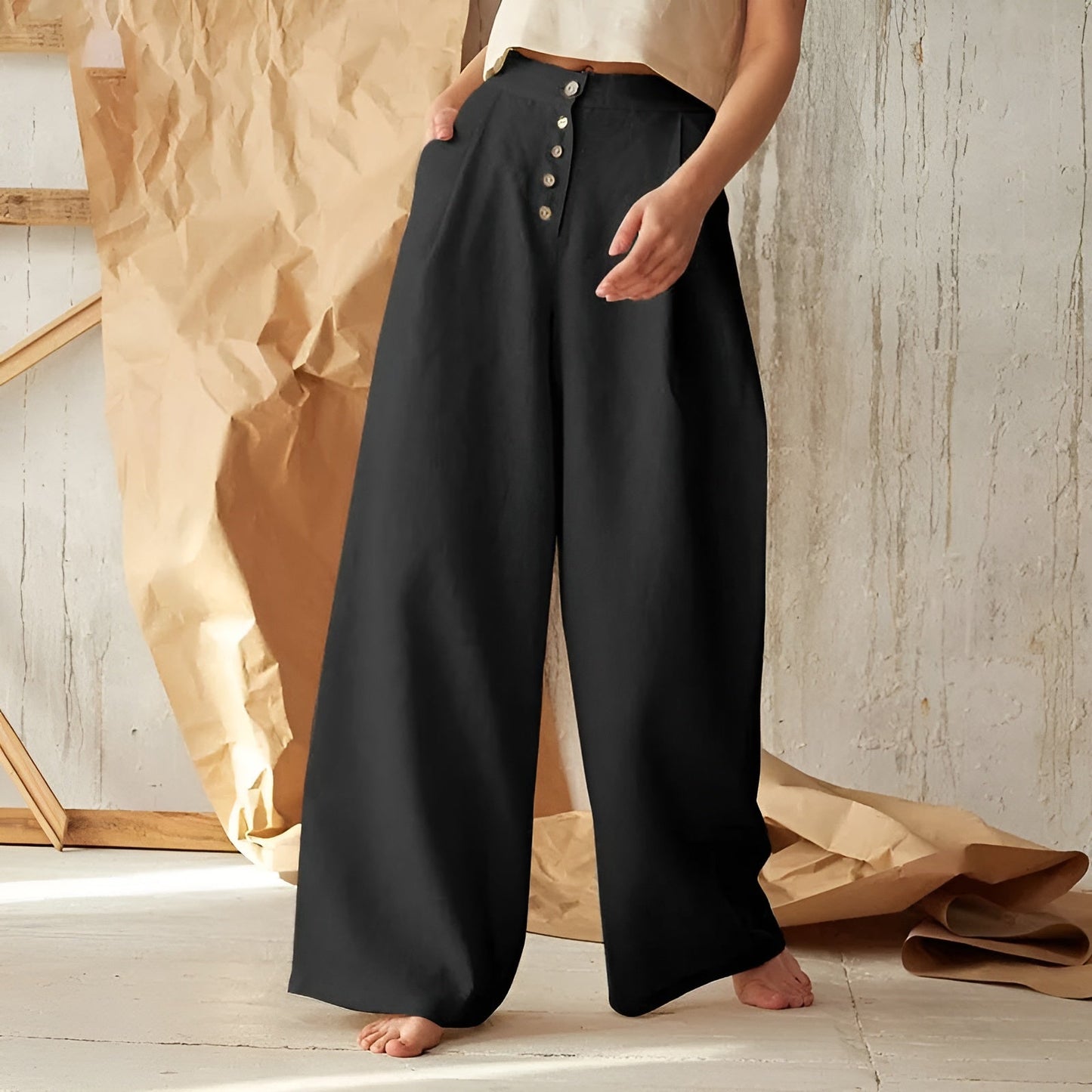 Ceylan Women’s Palazzo Pants with Button-Up High Waist