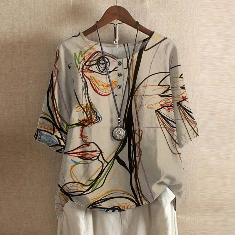 Women’s Blouse with 3/4 Sleeves and Retro Artisanal Floral Print